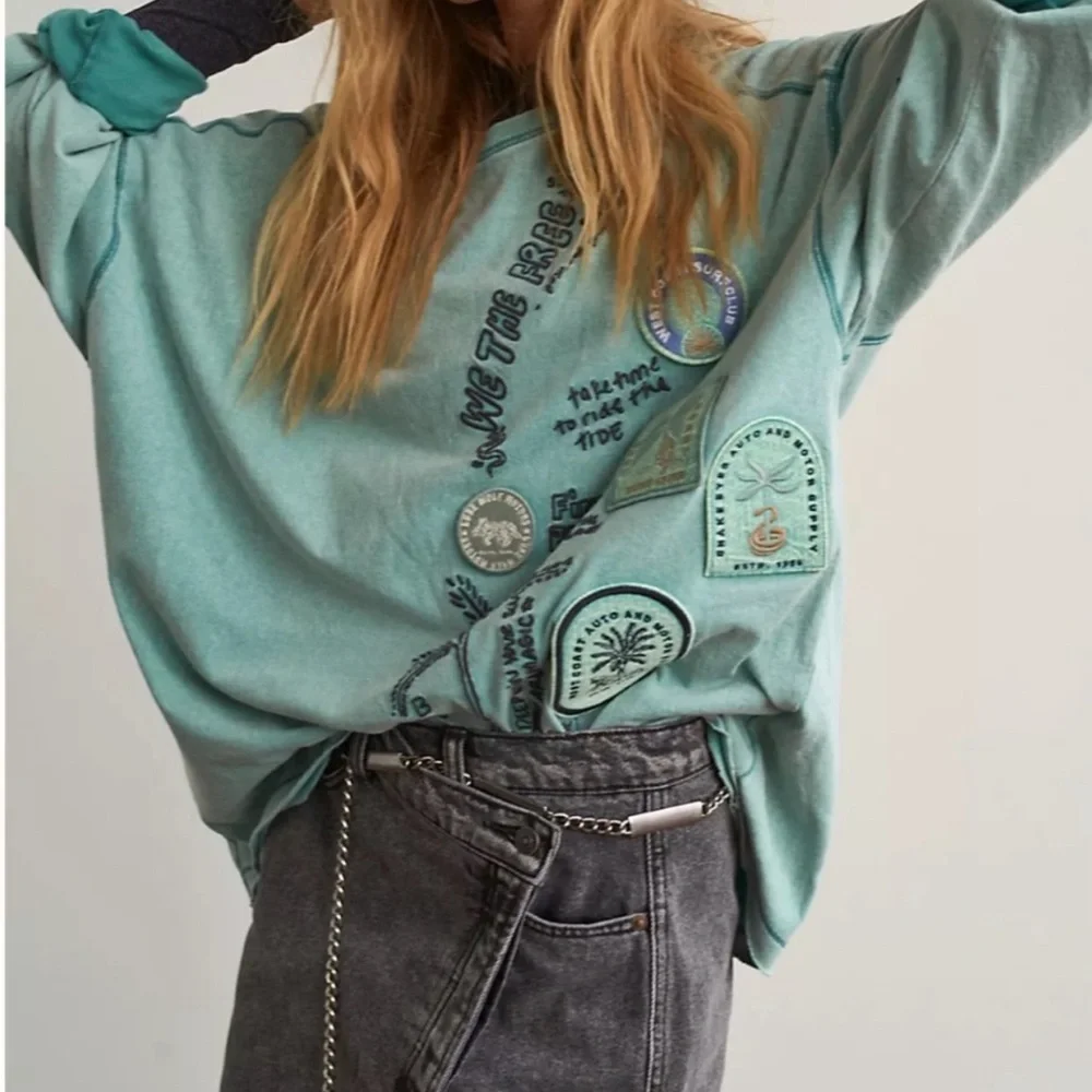 Free People Ivy Tee Surfing Long Sleeve Embroidered Patches Vintage Shirt Sz S - Picture 2 of 7